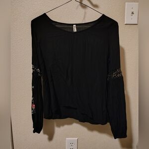 Roper Black Blouse with Lace and Floral Accents
